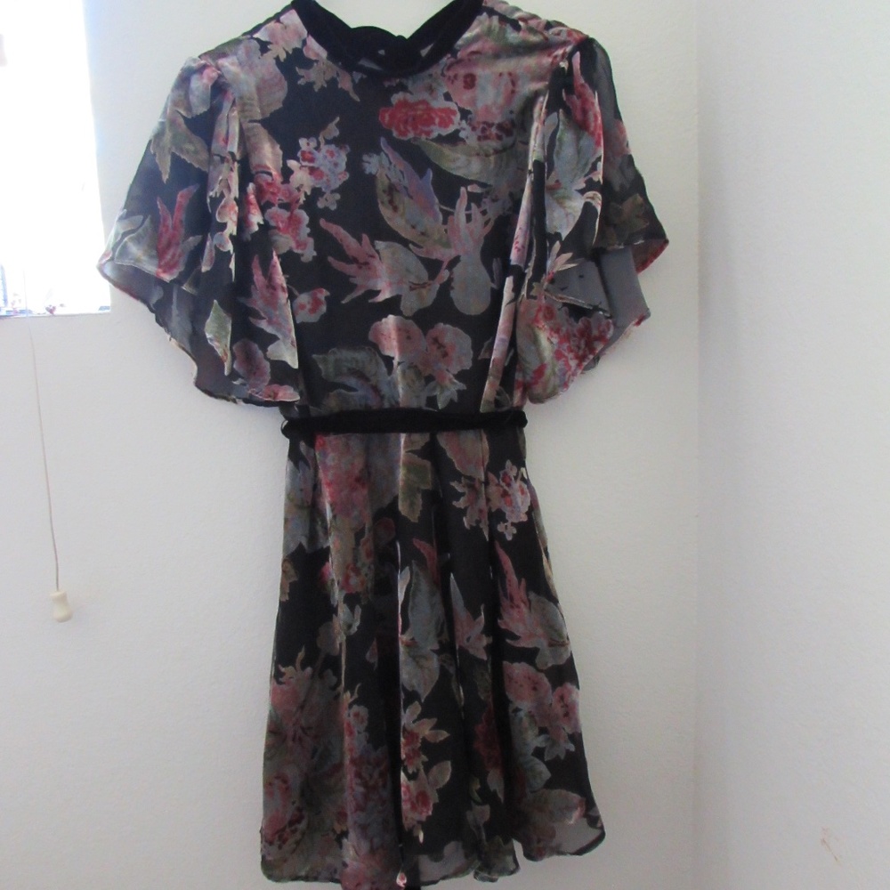 ZARA Velvet flare sleeve bow floral dress